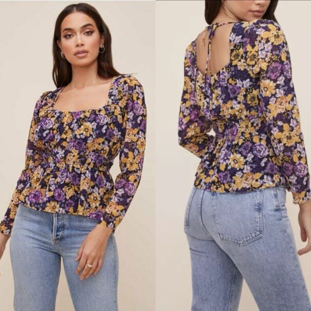 ASTR the Label Mustard Purple Cinched Waist Boho Floral Square Neck Blouse S